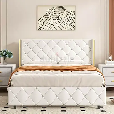 Modern Tufted Bed Frame with Crystal Accents and Gold Trim