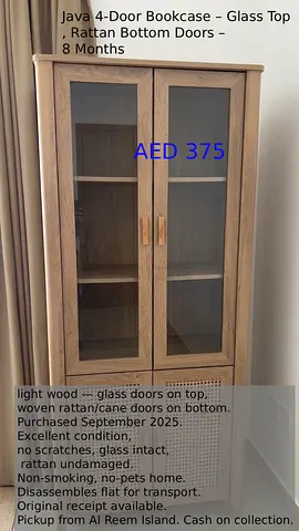 4-Door Bookcase — Glass Top + Rattan Doors Java, 8 Months