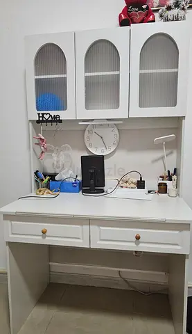 White Wooden Home Study Desk with Overhead Cabinet - Good Condition
