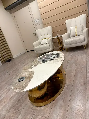 Modern Marble Top Coffee Table with Gold Base and 2 single seater sofas