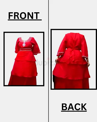 Red Tiered Long Dress with Embroidered Neckline Size Approx L/Xxl/3XL (WEIGHT : 70-95 KG)