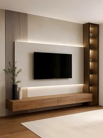 Modern wall-mounted TV entertainment unit with built-in shelving