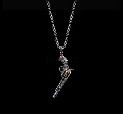 Antique-style Engraved Revolver Pendant Necklace (Silver Tone)