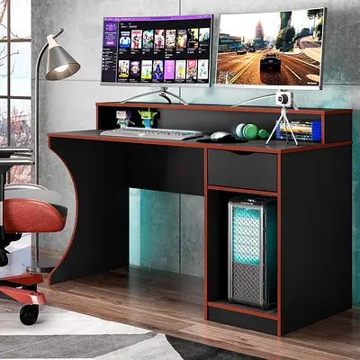 Safira Gaming Table - Black Matte / Red with Raised Shelf and Storage
