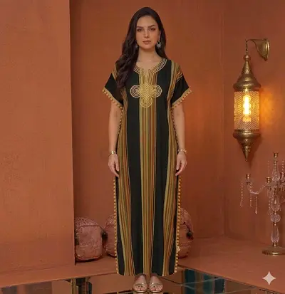 Traditional Black  Gold Striped Abaya / Moroccan Kaftan