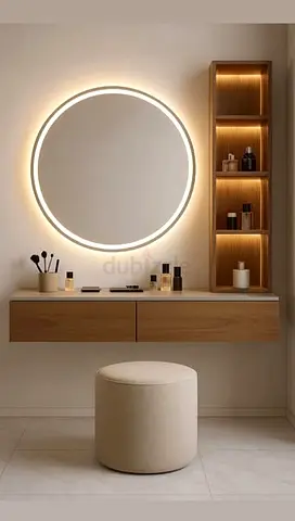 Wall-mounted vanity table with illuminated round mirror and shelving
