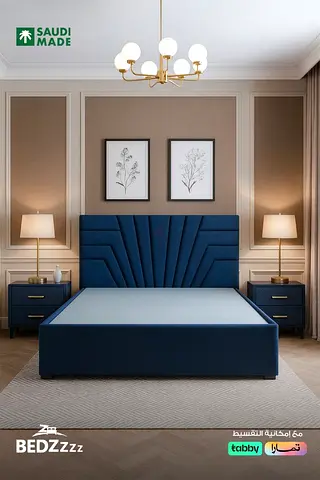 Modern Blue Fabric Bed with Geometric Headboard