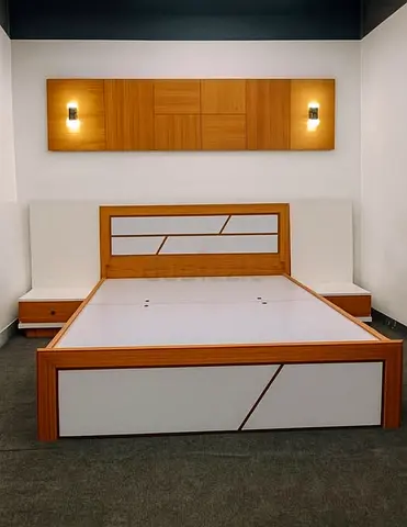 Modern Wooden Double Bed with Storage and Wall Panel Lights