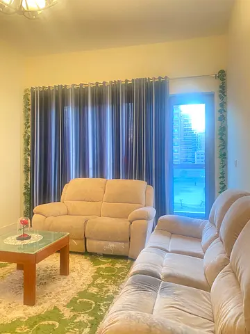 Beige 3+2 Seater Plush Sofa Set with Green Patterned Rug
