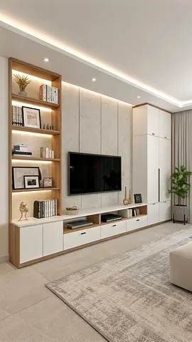 Modern built-in TV entertainment unit with shelving and storage