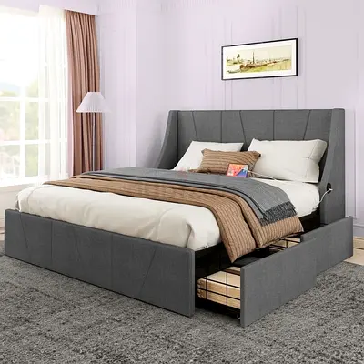 Modern Upholstered Bed with Underbed Storage Drawers