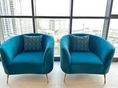Two Pair of Teal Velvet Tub Chairs with Gold Legs