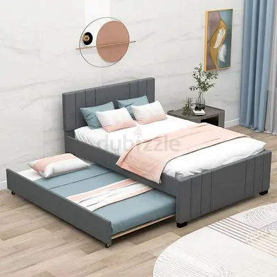 Modern Grey Upholstered Bed with Pull-Out Trundle