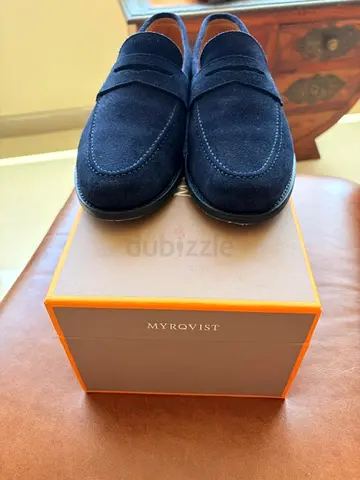 Navy Suede Penny Loafers (Men) - Myrovist, Excellent Used Condition