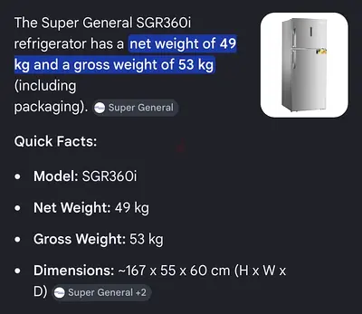 Super General SGR360i 2-Door Refrigerator,Super General Washing Machine, Cupboard,Bed coat,Chair etc
