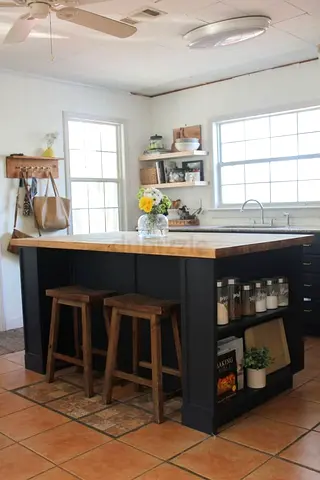 Solid Wood Kitchen Island with Storage Shelves and Breakfast Bar