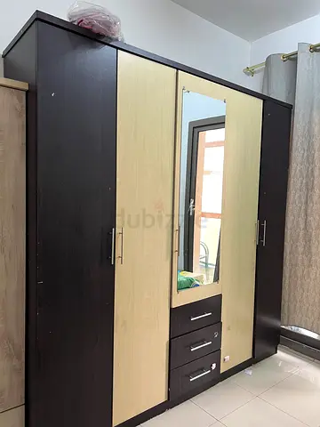 3-Door Wardrobe with Mirror and Drawers - Dark Wood/Beige