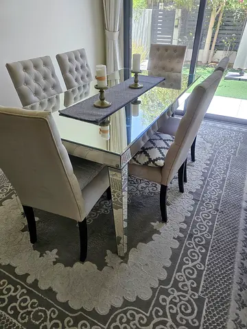 Glass Top Dining Table with 6 Tufted Beige Chairs