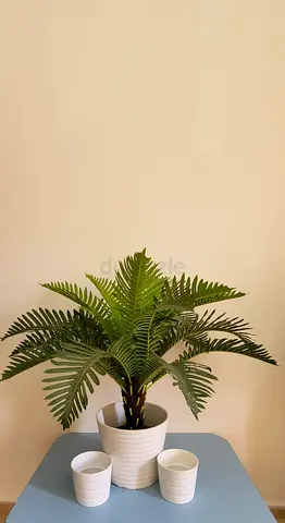 Green artificial fern in white ceramic pot with two small planters - IKEA ready to display