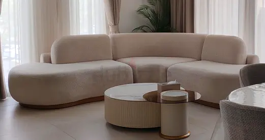 Curved Beige Fabric Corner Sofa — Modern L-Shape