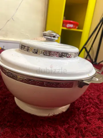 White Ceramic Casserole Dish with Silver Trim - Good Used Condition