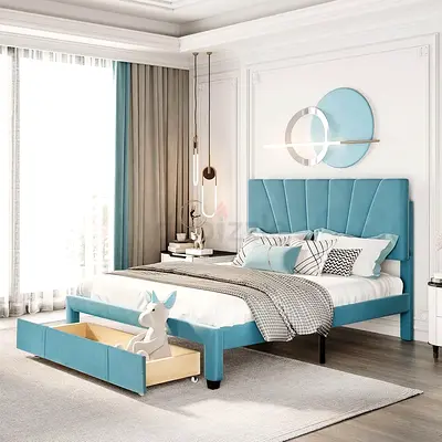 Sky blue velvet front drawers full bed