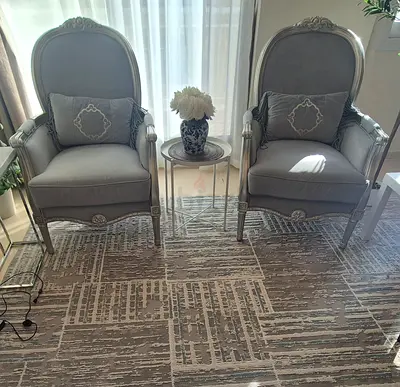 2 Classic Grey Upholstered Armchairs with Accent Rug