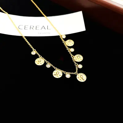 Brand New Compass Tassel Gold Necklace, Double-Sided Mother of Pearl, UAE Delivery Available