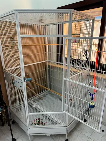 Large white metal bird cage with perches and pull-out tray — good condition barely used