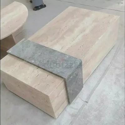 Custom Made travertine  Modern Center Table with Stone Look Surface and Wooden Bridge Accent