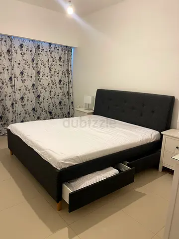 Dark Grey Fabric Queen Bed Frame with Headboard and Storage Ottoman