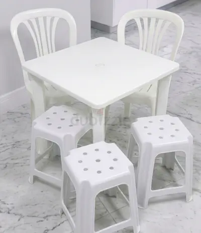 Compact white plastic dining set table with 2 chairs  4 stools طاولة طعام مطبخ طاولة حديقة+ ٥ مقاعد