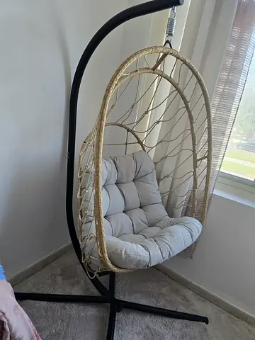 Wicker Hanging Egg Chair with Stand and Cushion - Light Beige
