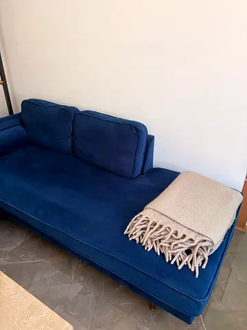 Blue Velvet 2-Seater Sofa / Chaise - Good Condition