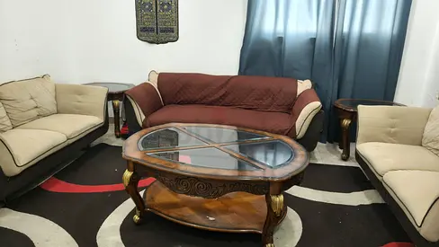 Used 3-Piece Cream Sofa Set with Ornate Wooden Coffee Table - 2 side Tables Good Condition