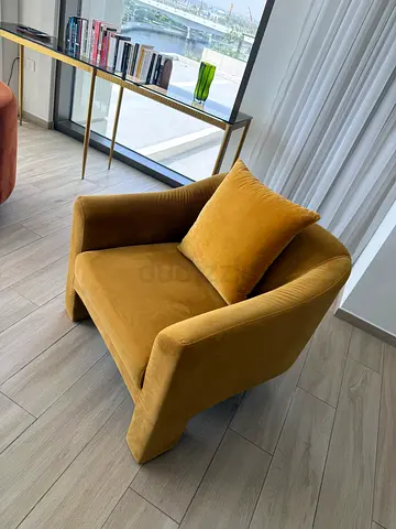Yellow / Gold velvet armchair and cushion