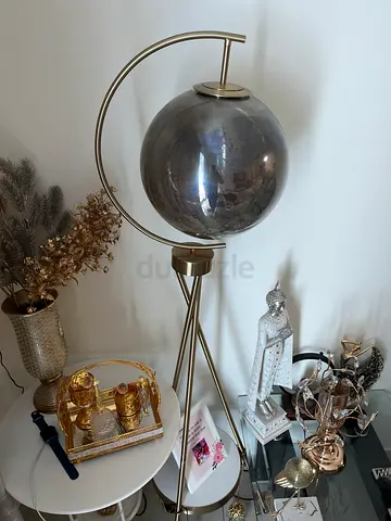 Brass Globe Floor Lamp with Gray Glass Shade - Modern Tripod Base