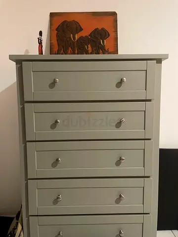 Chest of drawers, gray. Pretty. Useful.