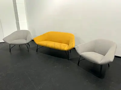 Compact Yellow 2-Seater Sofa with Metal Legs - Good Condition , two gray armchair