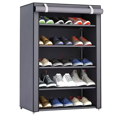 5-Tier Portable Fabric Shoe Rack with Roll-Up Cover - Grey