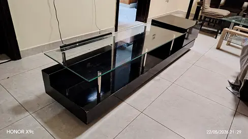 Low Black Glass-Top TV Entertainment Unit / Media Console