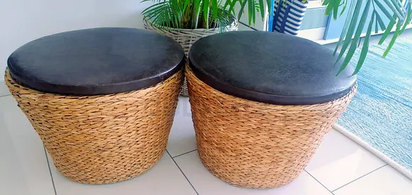 Pair of Wicker Storage Stools with Cushioned Tops