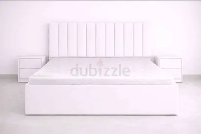Brand New White upholstered King Size bed with headboard and Mattress Nightstand