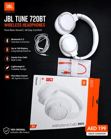 JBL Tune 720BT Wireless Headphones – Pure Bass Sound | Excellent Condition | White - Brand new