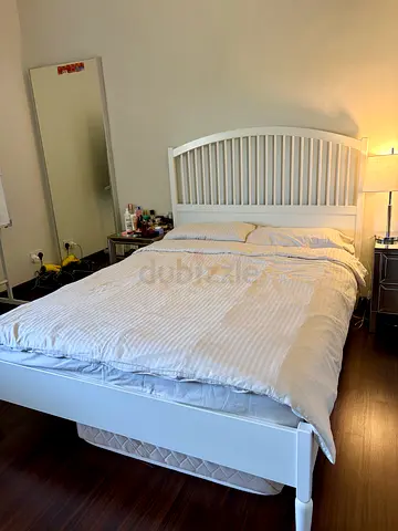 White Double Bed Frame with Headboard and Mattress - Good Condition