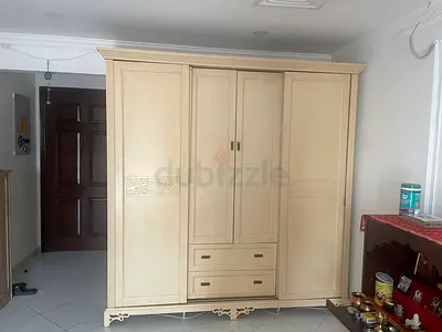 Large Cream Wooden Wardrobe with Drawers - Good Condition