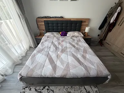 Queen bed frame with headboard and bedside tables and drawers