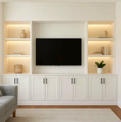 Custom Built-in White Entertainment Unit with Shelving