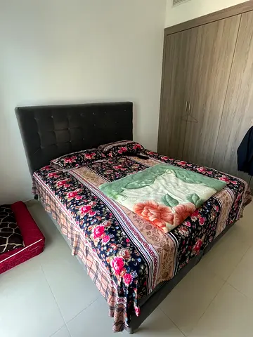 Bed with upholstered headboard and mattress - excellent  condition