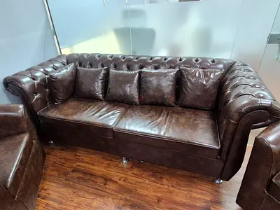 Brown Faux Leather Sofa and  Chair - For Sale